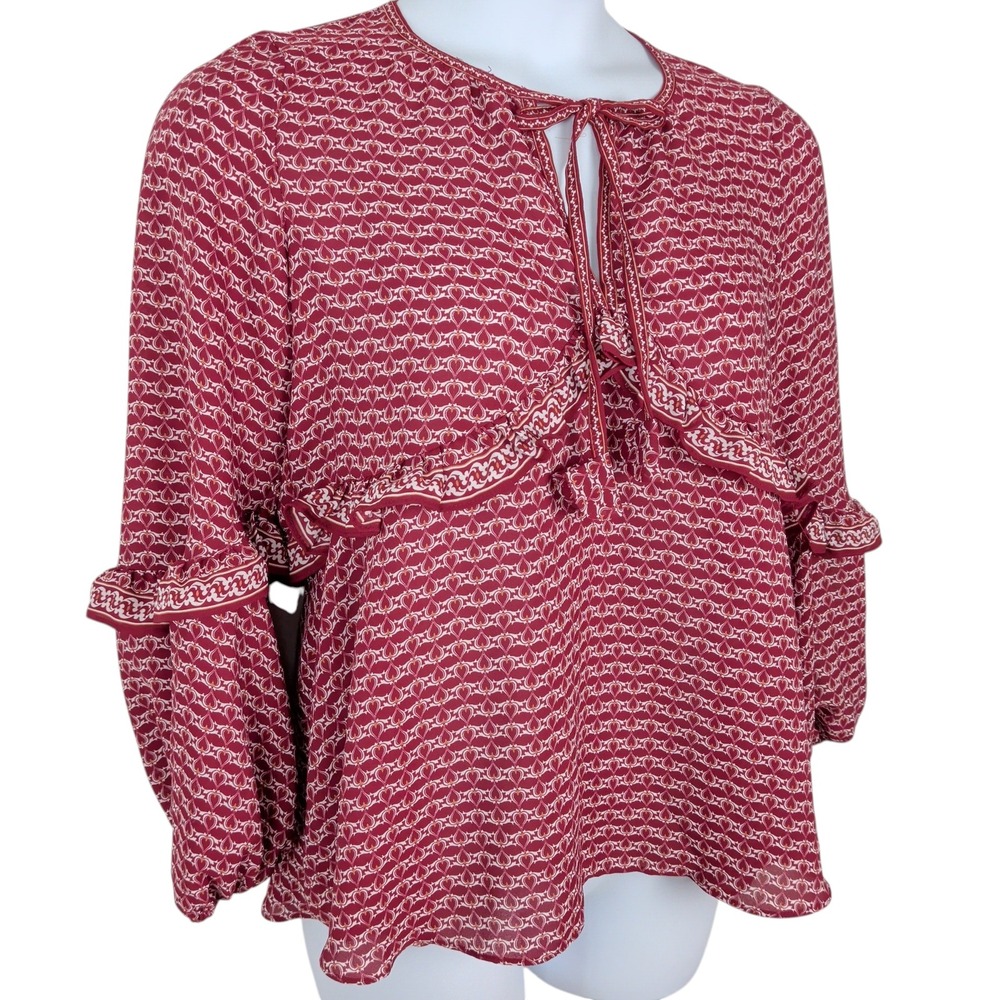 Romantic‎ Peasant Ruffle Top Officewear Size Medium Red Hearts